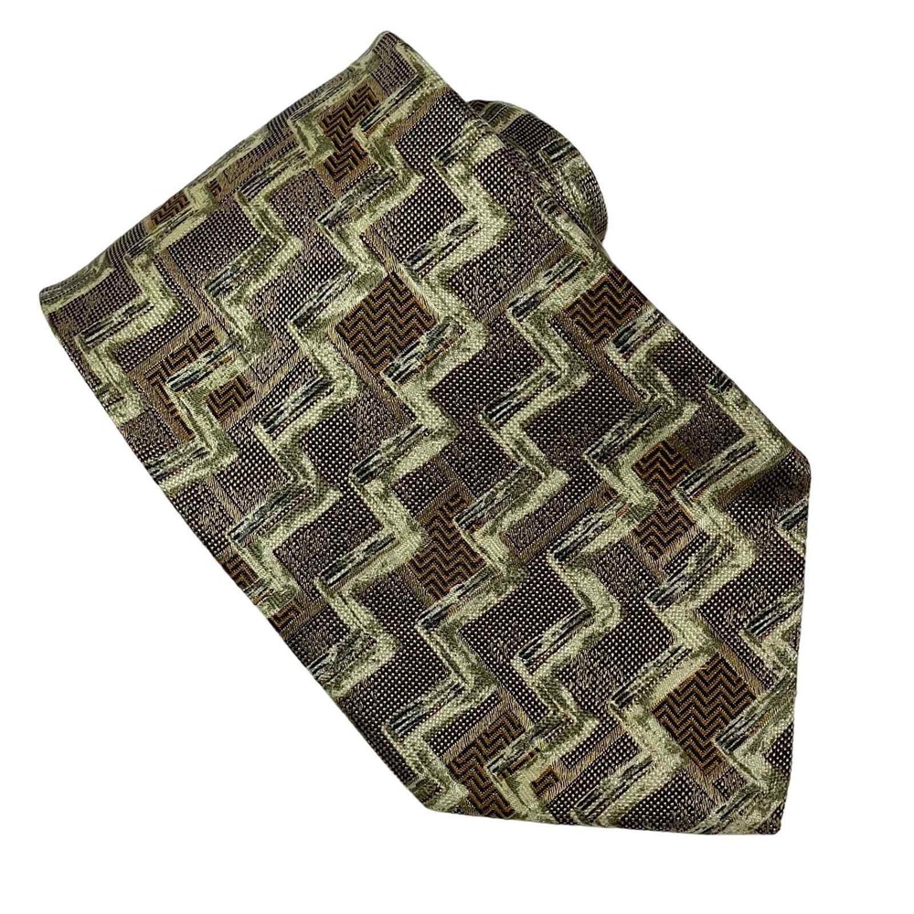 Ermenegildo Zegna Silk Tie Mens Brown Olive Green Geometric Abstract Italy 3.75"